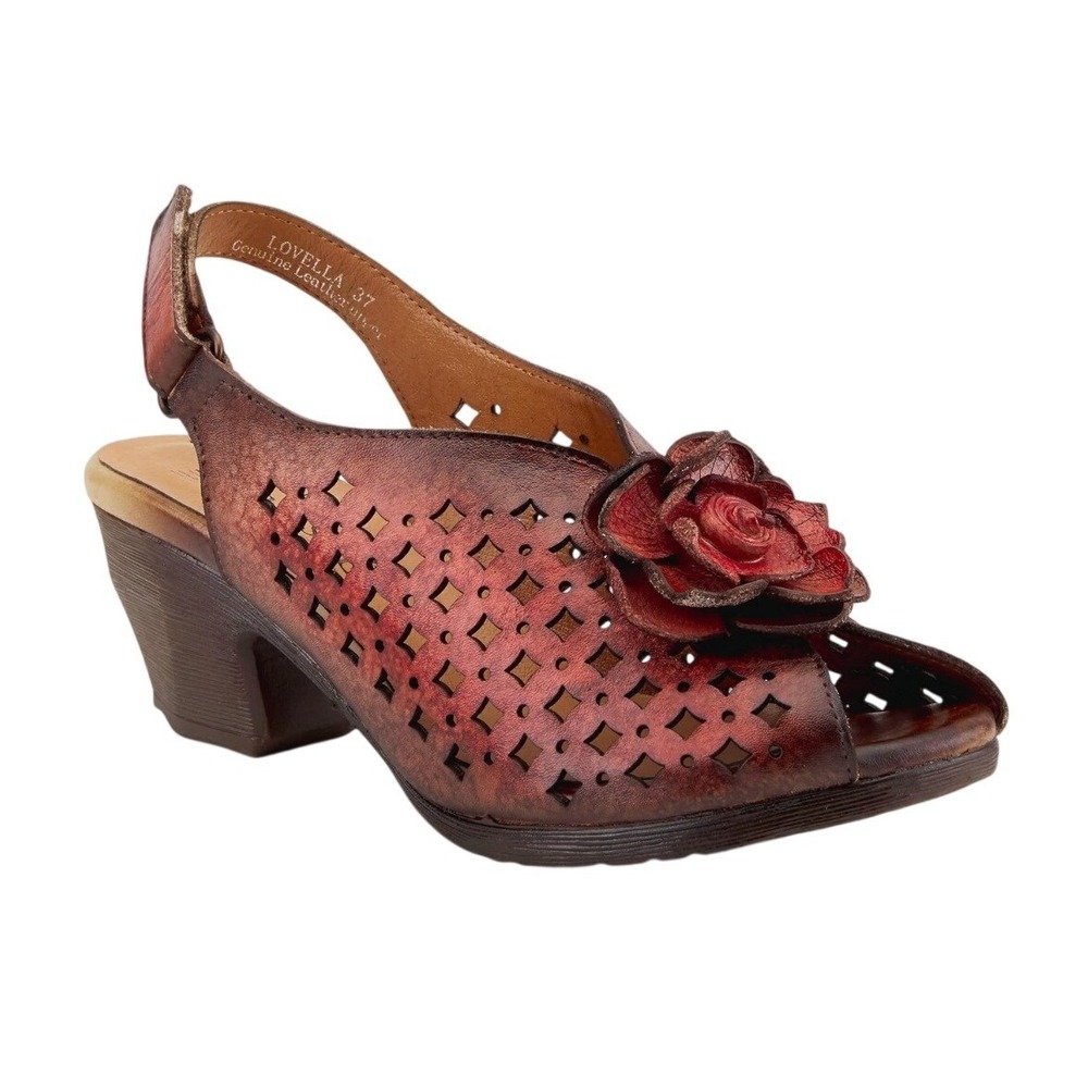 Spring Step L'Artiste Lovella Red Leather Floral Cutout Slingback Sandals- 11.5